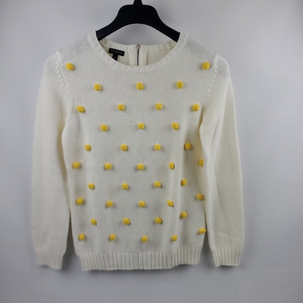 Talbots Women Sweater Ribbed Hem Cuffs Long Sleeve Back Zip Cream Medium Cotton